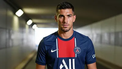 Mid-30s muscular forward, waist-up, intense gaze, short dark hair, slight stubble, wearing an unmarked Paris FC home...