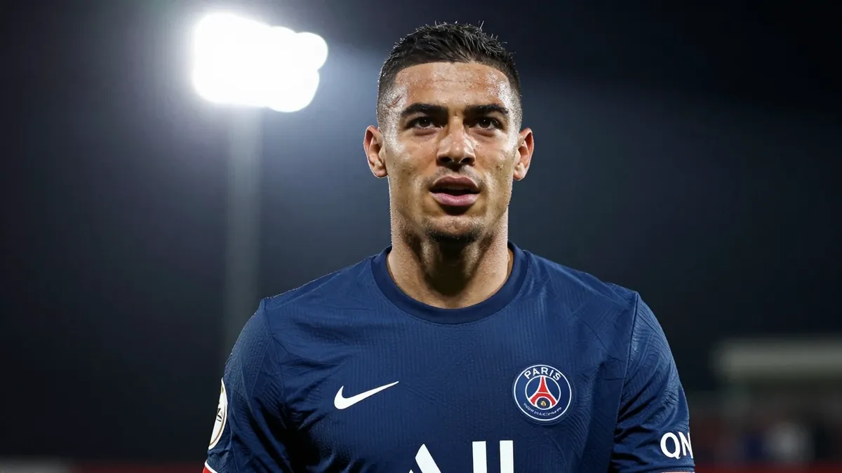 A 30-year-old Paris FC midfielder, with a muscular build, wearing a solid blue jersey, photographed with an 85mm f/1.4 lens