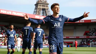 A 22-year-old Dutch forward, dressed in Paris FC's blue kit, is shown celebrating a goal with his teammates in a packed...
