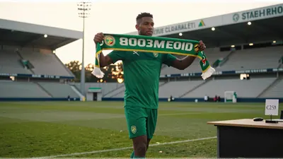 Matthis Abline, Nantes striker, mid-action on a sun-lit Ligue 1 pitch, wearing a plain white jersey with subtle navy...