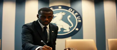 Lassine Sinayoko, mid-30s, athletic build, wearing a plain Paris FC home jersey (deep navy shirt, white shorts, navy...