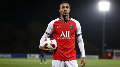 A 30-year-old Paris FC player in a red jersey with white sleeves and white shorts, holding a ball