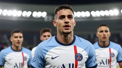 A Paris FC midfielder in a blue and white kit, 25-30 years old, celebrating a goal with teammates in the background...