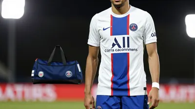 A photorealistic image of an anonymous Paris FC player in his mid-20s, wearing a white jersey with a blue stripe and blue...