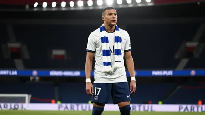 A photorealistic image of a Paris FC player in a white jersey with blue shorts and blue socks, with a blue and white...