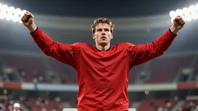 Photorealistic portrait of a muscular 28-year-old right winger in a solid red jersey, celebrating a goal with arms raised