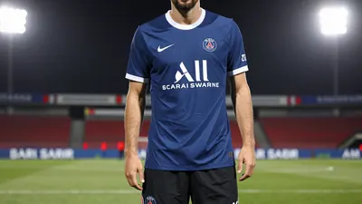 A photorealistic image of an anonymous Paris FC player in his mid-30s, wearing a blue jersey with white sleeves and a...